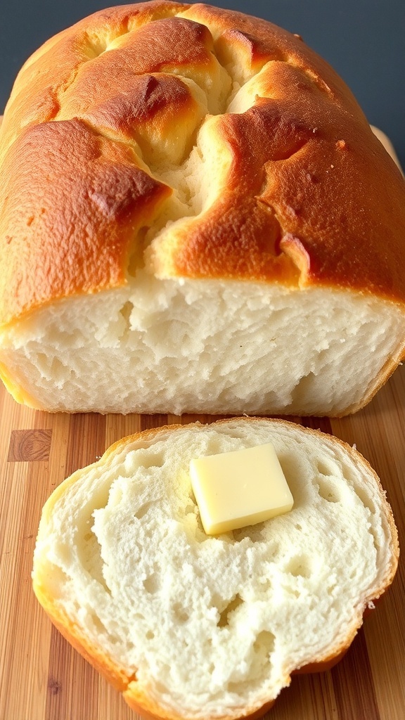 Quick Homemade Bread Recipe Freshly baked homemade bread loaf sliced on a wooden board with butter.